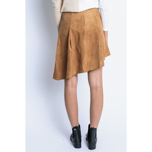 Women's Casual Pleated Suede Solid High Low Midi Skirt Tan Size S,M,L - Picture 8 of 14
